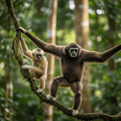 Photograph of a juvenile Agile gibbon (apes) alongside an adult in their environment