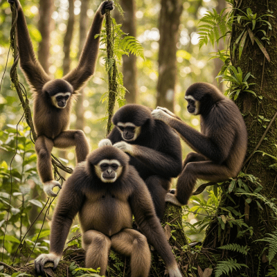 Image showing a group of Agile gibbon (apes) engaging in typical social behavior