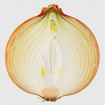 A detailed cross-sectional image of a Ailsa Craig onion (onions) cut in half to reveal its internal layers and structure