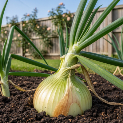 A photograph of a Ailsa Craig onion (onions) in its natural environment or growing in soil
