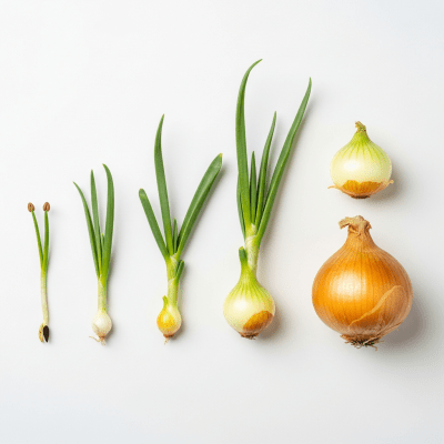 An image showing multiple stages of growth for a single type of Ailsa Craig onion (onions), from seedling to mature bulb