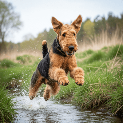 Full body action shot of a Airedale Terrier