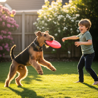 Image of a Airedale Terrier interacting with humans in a typical cultural or domestic setting