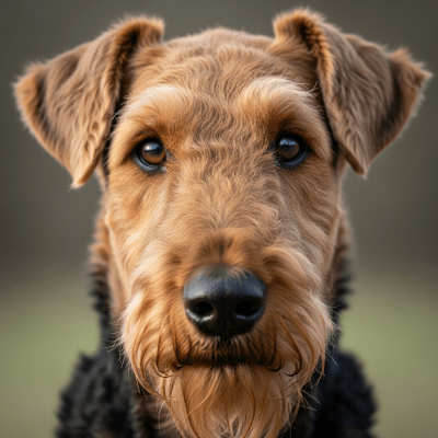 Close-up photograph of the face of a Airedale Terrier