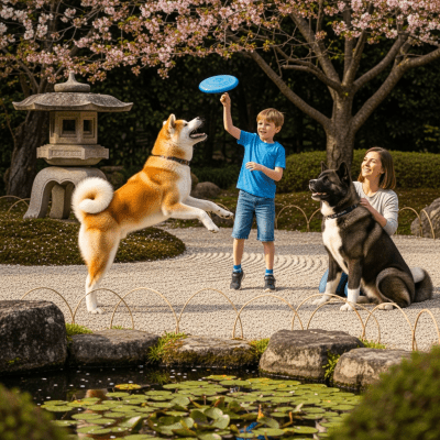 Image of a Akita interacting with humans in a typical cultural or domestic setting