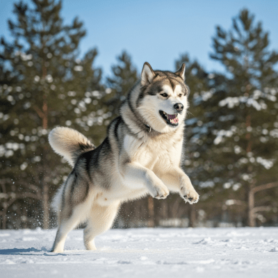 Full body action shot of a Alaskan Malamute