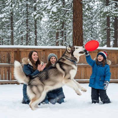 Image of a Alaskan Malamute interacting with humans in a typical cultural or domestic setting