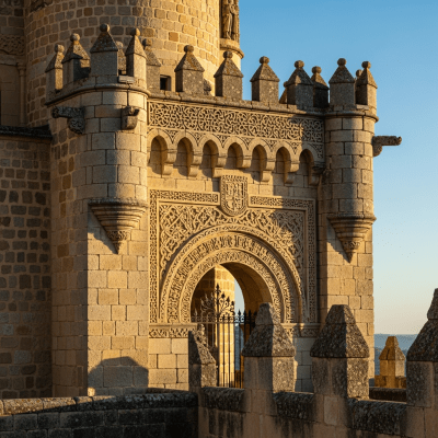 A close-up image focusing on unique architectural details of a Alcázar (Spanish Castle), from the castles taxonomy