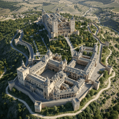 A bird's-eye view rendering of a Alcázar (Spanish Castle), classified in the castles taxonomy