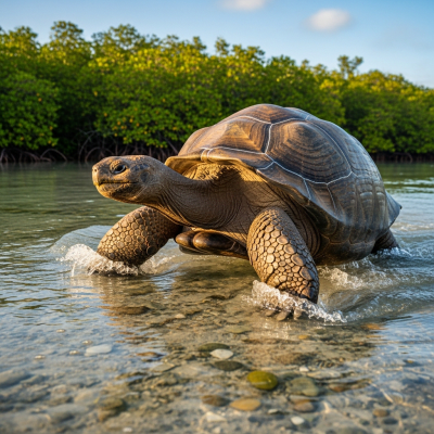 A dynamic action shot of a Aldabra Giant Tortoise, part of the taxonomy reptiles, in motion such as climbing, swimming, basking, or hunting in its environment
