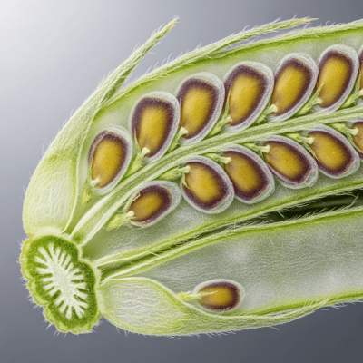 Close-up macro image of the Alfalfa (legumes) cut in half, displaying its internal structure and details such as seed arrangement, pod interior, or cross-section textures