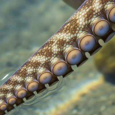 Naturalistic close-up photograph of a single arm of a Algae Octopus, focusing on the suckers, skin texture, and coloration details