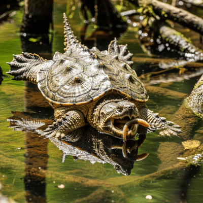 A dynamic action shot of a Alligator Snapping Turtle, part of the taxonomy reptiles, in motion such as climbing, swimming, basking, or hunting in its environment