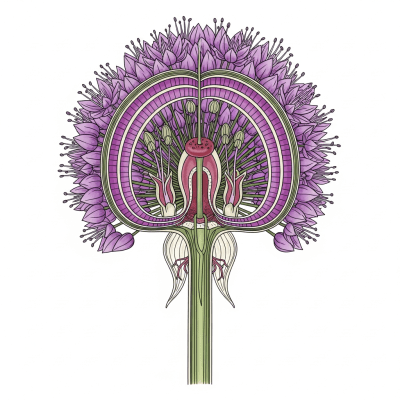 Cross-sectional illustration of a Allium (flowers), showing internal parts such as stem, petals, and reproductive organs