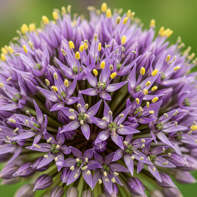 Detailed macro image of a Allium (flowers), focusing on the intricate structure of petals, stamens, and pistil