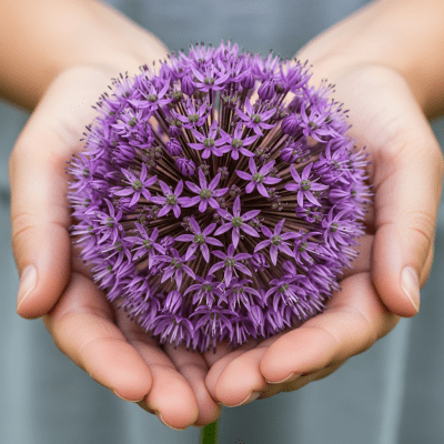 Photograph of a Allium (flowers) being held or interacted with by a person in a gentle way