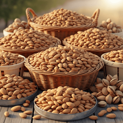 Photo showing harvested Almond (nuts) nuts in bulk, such as in baskets or containers