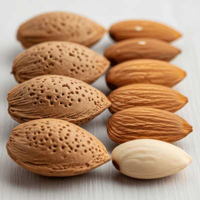 Image of a handful of unshelled and shelled Almond (nuts), side by side