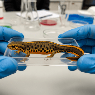 Photograph showing a Alpine Newt in interaction with humans or within a cultural context, such as being observed by scientists or featured in educational settings