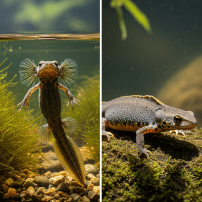 Image of a Alpine Newt (amphibians) at the moment of transformation, such as metamorphosis from tadpole to adult