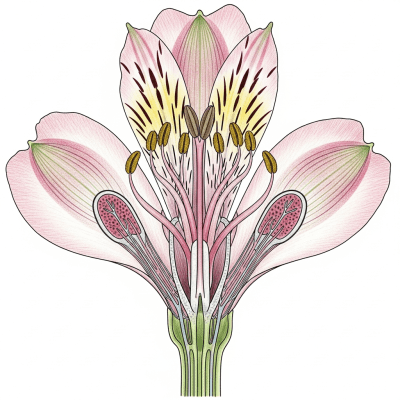 Cross-sectional illustration of a Alstroemeria (flowers), showing internal parts such as stem, petals, and reproductive organs
