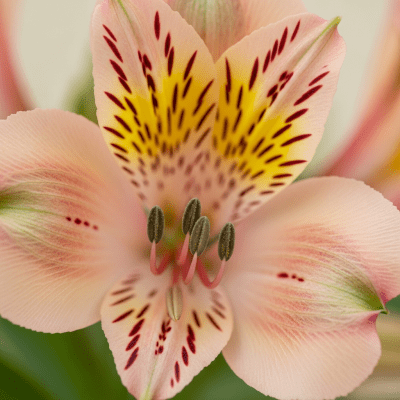 Detailed macro image of a Alstroemeria (flowers), focusing on the intricate structure of petals, stamens, and pistil