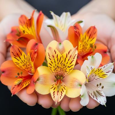 Photograph of a Alstroemeria (flowers) being held or interacted with by a person in a gentle way