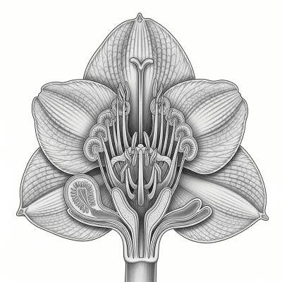 Cross-sectional illustration of a Amaryllis (flowers), showing internal parts such as stem, petals, and reproductive organs