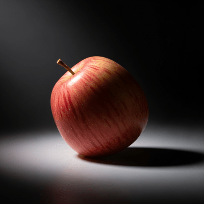 Editorial-style image of a single Ambrosia from the taxonomy apples, dramatically lit against a dark gradient background to highlight color and texture.