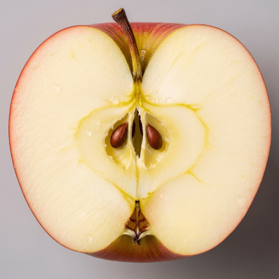 A close-up image showing a cross-section of a Ambrosia of the taxonomy apples, sliced cleanly in half to reveal internal structure, seeds, and flesh
