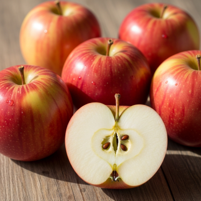 A simple arrangement showing several whole and one cut-open Ambrosia, displayed on a wooden surface