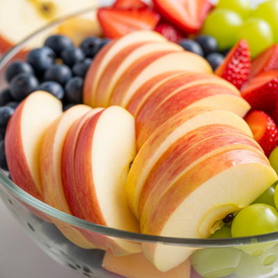 A photograph of a freshly sliced Ambrosia of the taxonomy apples, presented as part of a fruit salad in a clear bowl