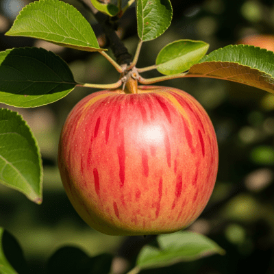 A naturalistic photograph of a Ambrosia, hanging on its tree branch with leaves visible