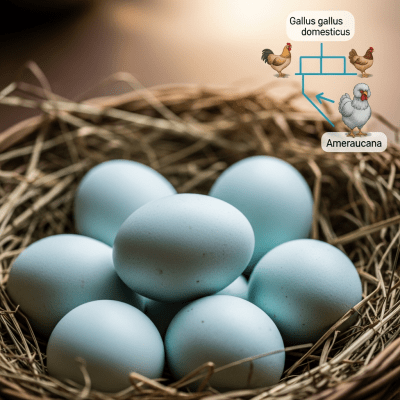 Image depicting eggs laid by a Ameraucana, contextualized within the chicken taxonomy