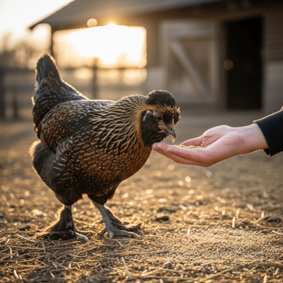 Photograph of a Ameraucana from the chicken taxonomy interacting with humans in a typical farm setting