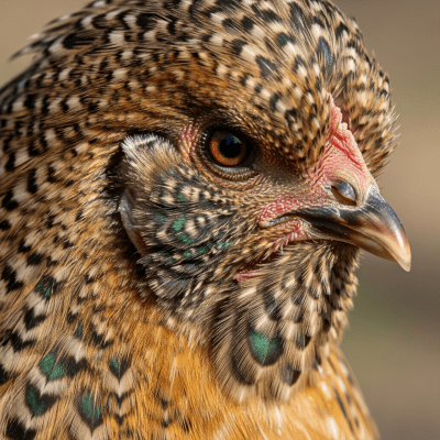 Close-up macro photograph highlighting the feather texture and coloration of a Ameraucana from the chicken taxonomy