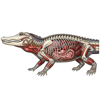 Scientific cross-sectional illustration of a American Alligator