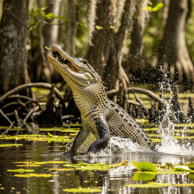 A dynamic action shot of a American Alligator, part of the taxonomy reptiles, in motion such as climbing, swimming, basking, or hunting in its environment