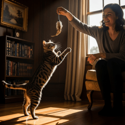 Image of a American Bobtail interacting with humans or participating in cultural activities