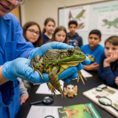 Photograph showing a American Bullfrog in interaction with humans or within a cultural context, such as being observed by scientists or featured in educational settings