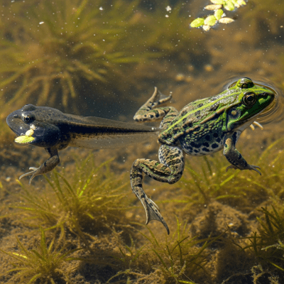 Image of a American Bullfrog (amphibians) at the moment of transformation, such as metamorphosis from tadpole to adult