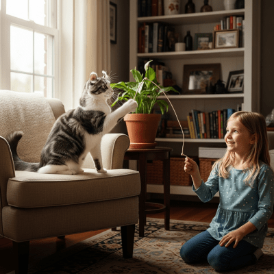 Image of a American Curl interacting with humans or participating in cultural activities