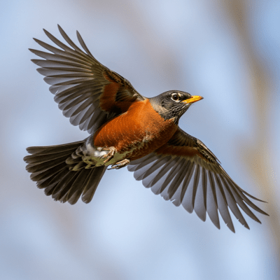 Action shot of a American Robin (birds) in flight
