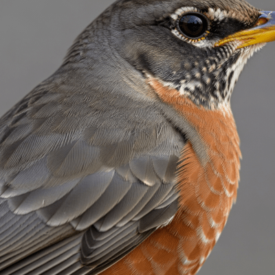 Close-up macro photograph of the feathers or distinctive markings of a American Robin