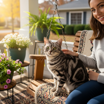 Image of a American Shorthair interacting with humans or participating in cultural activities