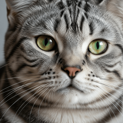 Close-up macro photograph of the face of a American Shorthair