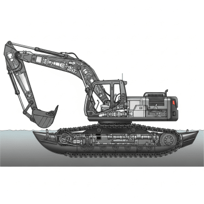 Detailed cross-sectional illustration of a Amphibious / pontoon excavator from the excavators taxonomy