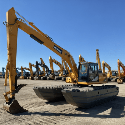 A wide-angle image of a fleet of various excavators, with the specific Amphibious / pontoon excavator in the foreground for emphasis