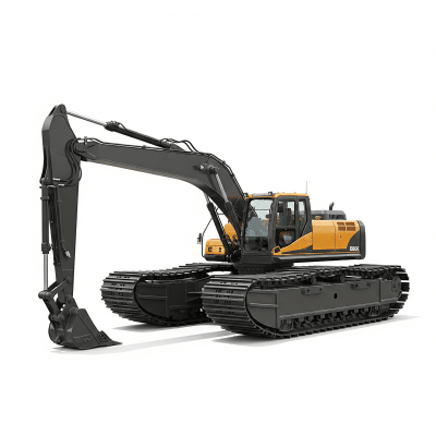 High quality studio photograph of a single Amphibious / pontoon excavator from the excavators taxonomy