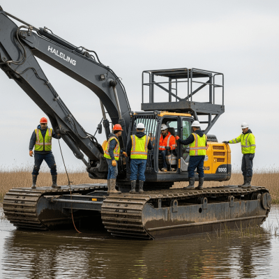 Image of a diverse group of construction workers operating or interacting with a Amphibious / pontoon excavator from the excavators taxonomy